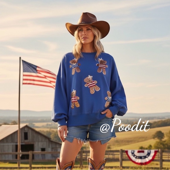 Peach Love California Tops - PEACH LOVE CALIFORNIA blue sequin bear patriotic oversized top S M L